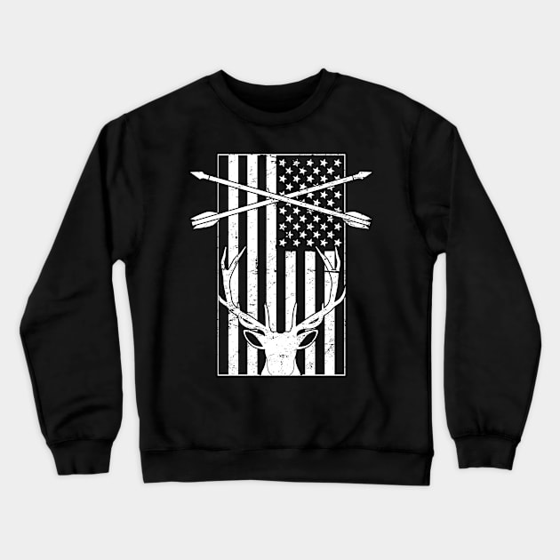 Distressed American Flag & Deer Bow Hunting Crewneck Sweatshirt by MeatMan